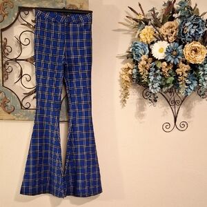 SPICE Vibrant Blue/Yellow Checkered High Rise Flare Leg Pants. NWOT Size Medium